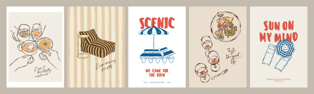 Hand-drawn poolside posters with toasting cocktails, cheese boards, lounge chairs, and cheerful vacation quotes. Sunny resort-style wall art for print collections and gallery displays.
