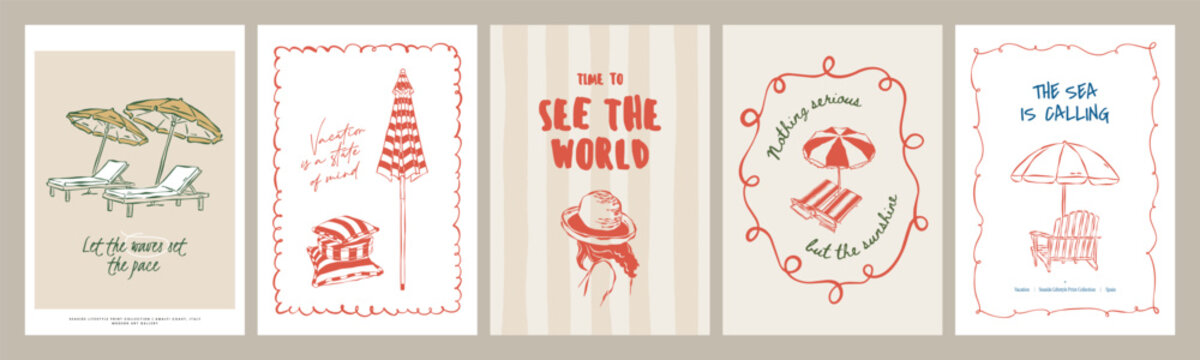 Set of five hand drawn beach posters with striped umbrellas, sun hats, lounge chairs, and wanderlust-inspired quotes. Vacation style wall art for print collections and gallery displays.