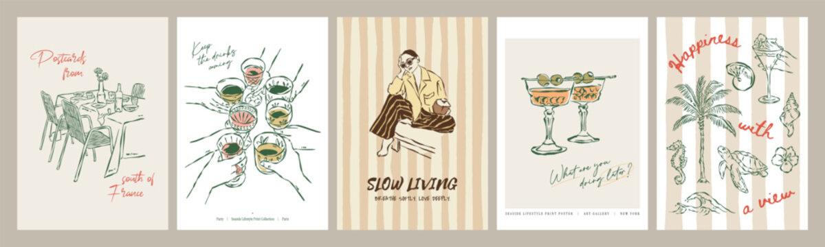 South of France inspired posters with al fresco dining, toasting drinks, coastal figures, and breezy vacation quotes. Chic bistro-style wall art for print collections and gallery displays.