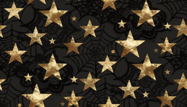 Golden star seamless pattern black spider web lace dark celestial texture halloween background foil starburst print luxury witchy astrology night sky ornament mysterious elegant design.
