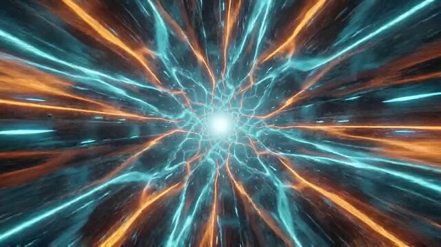 Sci-fi octagonal corridor flying through neon lights into bright energy burst, fast forward motion