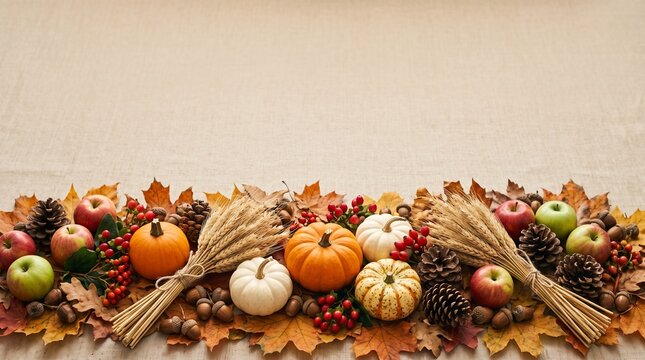 Autumn harvest decoration with pumpkins apples wheat sheaves and colorful dry leaves arranged in a beautiful festive border background for seasonal thanksgiving celebration