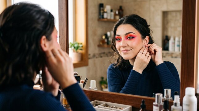 Young Woman Applying Earrings and Wearing Bold Makeup in Bathroom Mirror Reflection