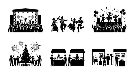 Fototapeta premium Celebration Icons: Concert Crowd, Dancing People, Festive Party, Christmas Tree, Market Stalls, Art Gallery