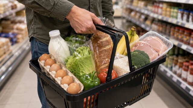 Man holding grocery shopping basket filled with fresh food vegetables eggs milk and bread in supermarket