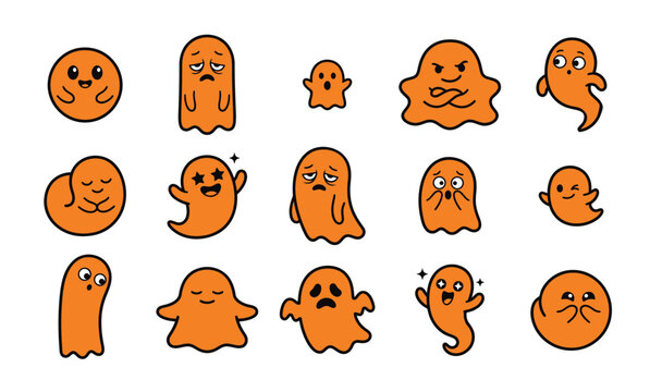 Set of cute orange ghost characters for halloween design
