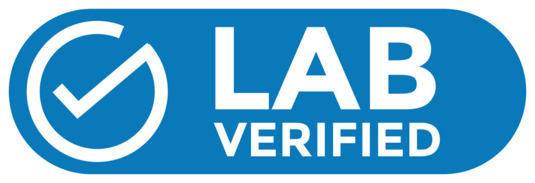 Lab verified blue badge vector graphic featuring bold white typography and a circular checkmark symbol design elements created for professional certification labels on transparent background