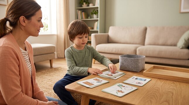 Caregiver listens as child sorts family privacy cards
