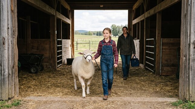 Young exhibitor leads sheep into a county fair barn