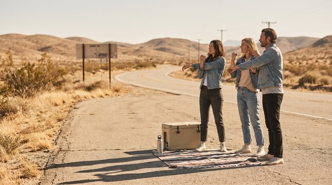 Friends stretch during a Labor Day roadside break