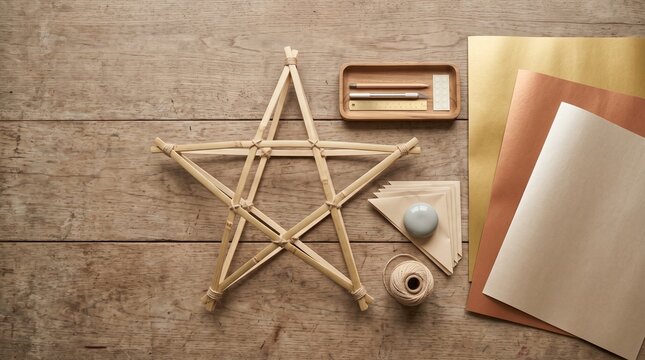 Metallic paper and parol frames on a craft staging table