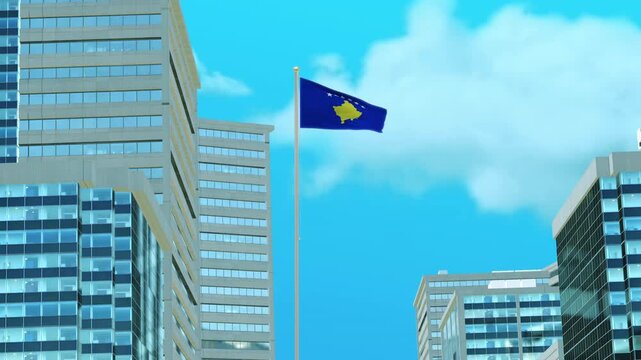 Kosovo Flag 3D Render Animation with Urban Architecture and Clear Blue Sky