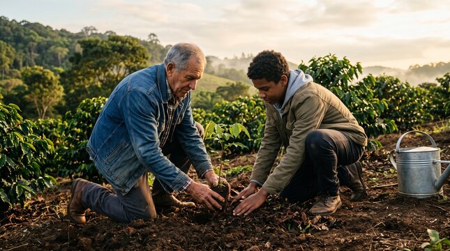 Family plants a shade tree beside coffee crops at dawn