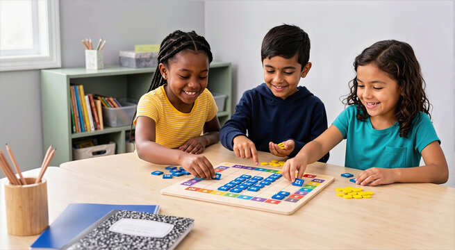Diverse children playing a multiplication board game in a classroom. Happy elementary students learning math with blue tiles and yellow tokens on a wooden table