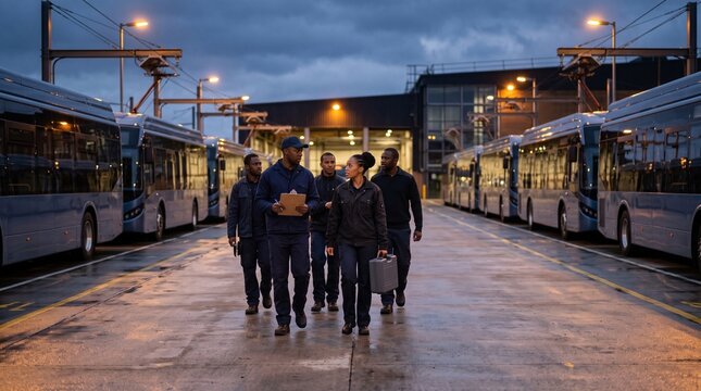 Technicians arrive for an electric bus depot evening shift