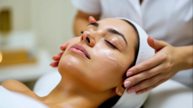 Young relaxed woman receiving gentle moisturizing facial massage from professional cosmetologist in serene spa salon setting, featuring soft indoor lighting and skincare wellness concept.