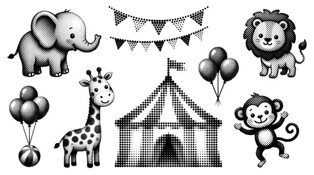 Cute halftone circus animals collection with elephant lion giraffe and big top tent icons.