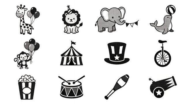 Monochrome halftone circus icons featuring cute animals tent and performance equipment.