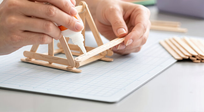 Hands applying white glue to a wooden craft stick to build a model. Close up of person assembling a popsicle stick structure on a blue cutting mat. DIY craft and STEM project concept