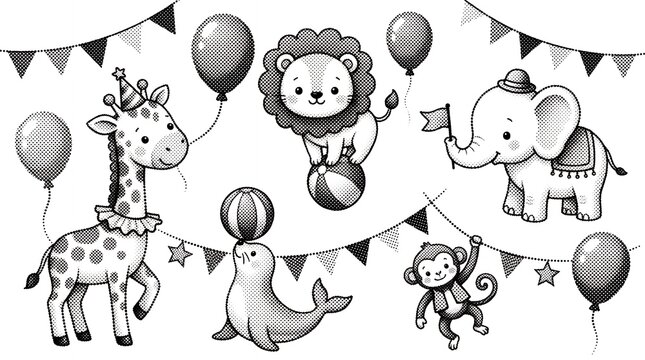Cute black and white circus animal clipart elements including giraffe lion and elephant.