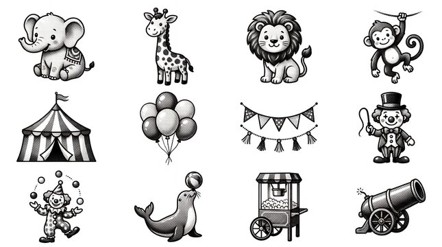 Charming retro style black and white circus graphics set with performers and props.
