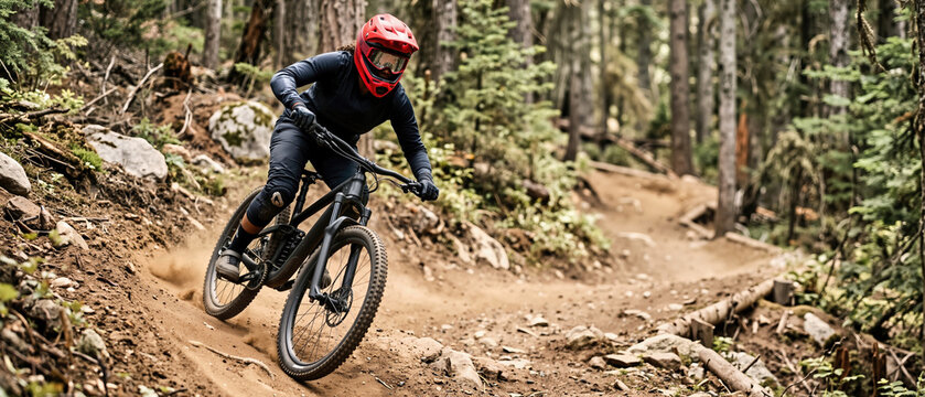 Downhill mountain bike rider in a red helmet navigating a dirt trail in the forest. Action shot of an extreme cyclist riding a black mountain bike offroad