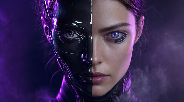 A cyborg woman's face split in half with robotic glossy black left side and human right side with cybernetic eye, illuminated by purple neon lights