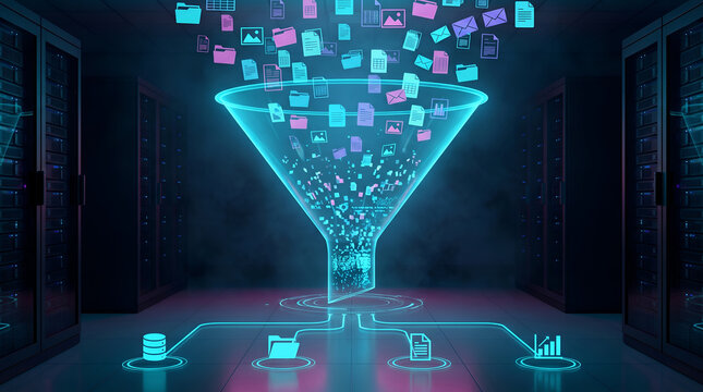 Big data analytics funnel filtering complex digital information into structured corporate database architecture