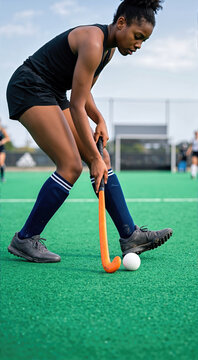 Female athlete controlling white field hockey ball with orange stick on green turf. Young Black woman playing field hockey outdoors. Sports action shot