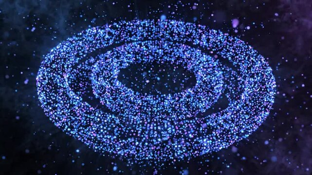 Abstract blue and purple particle vortex motion background, glowing digital energy swirl, futuristic data flow animation for technology presentations