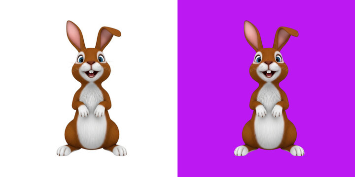 Cute cartoon rabbit standing and smiling 3d render on white and purple background