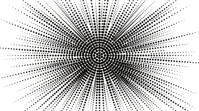 Abstract sunburst halftone radial dotted pattern background in classic black and white.