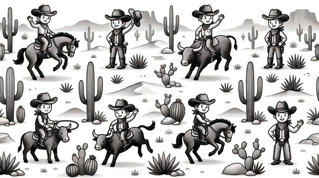 Seamless wild west pattern with cute cartoon cowboys riding horses and bulls in desert.