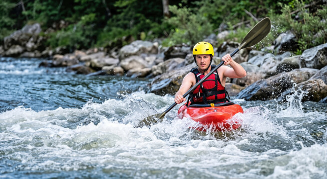 Male kayaker navigating whitewater rapids in a red kayak. Man wearing yellow helmet paddling through splashing river water. Extreme water sport