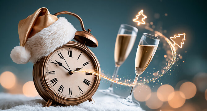 Vintage clock with Santa hat, champagne glasses, snow, festive Christmas atmosphere