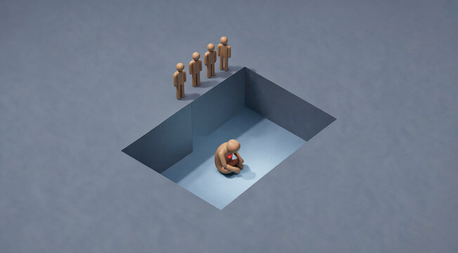 A lonely figure huddled in a deep square pit, watched by several small figures standing at the edge. The scene evokes feelings of isolation and helplessness