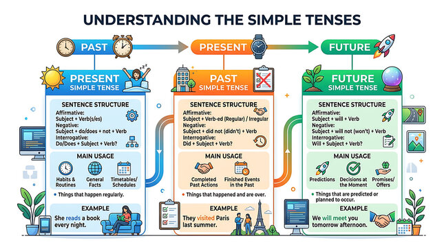 Understanding Simple Tenses: Past, Present, Future Grammar Infographic. Visual Guide to Sentence Structure, Main Usage, and Examples for Learning English.