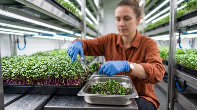 Grower snips micro radish shoots for harvest