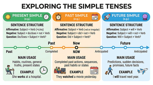 Exploring Simple Tenses: Present, Past, Future Grammar Infographic. Sentence Structure, Main Usage, Examples for English Language Learning.