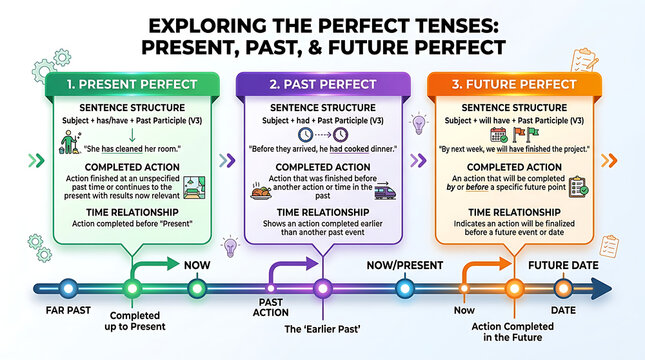 Grammar Infographic: Exploring Perfect Tenses (Present, Past, Future Perfect) with Sentence Structure, Completed Actions, and Time Relationships on a Timeline