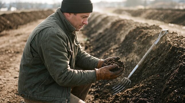 Farm worker checks compost maturity after aeration cycle