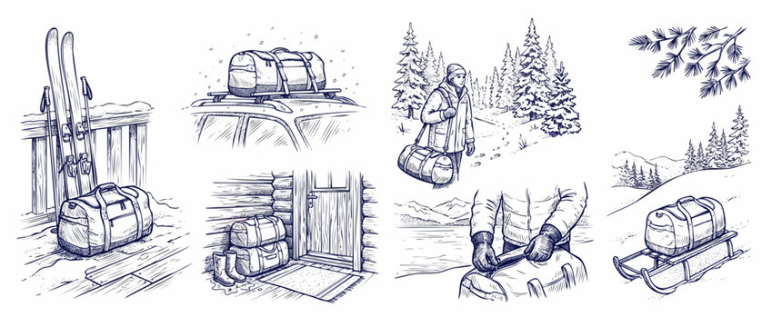 Ski trip winter luggage set vector sketch illustration showing duffel bags, skis, car roof rack, sled, outdoor snow adventure, and cabin trip elements for seasonal travel activity background design.