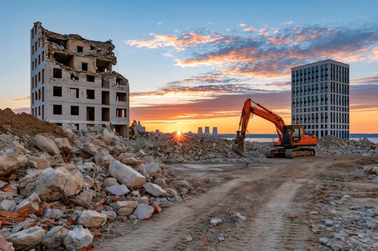 Demolition site with excavator, ruins, new building at sunset