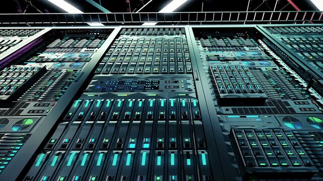 Low angle view of data center server room racks with blinking cyan led status lights, horizontal tracking camera movement to the right of futuristic mainframe supercomputer loop animation