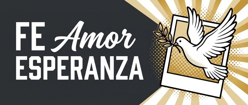 Peace Dove White Flying Symbol with Spanish text Fe Amor Esperanza on retro gold sunburst background vector illustration banner for Christian religious faith love hope concept design visual artwork