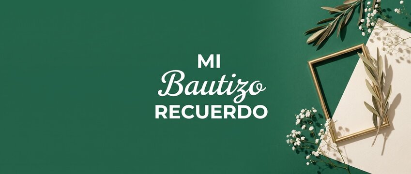 Mi bautizo recuerdo Spanish baptism invitation background template with gold frame olive branch gypsophila flowers and copy space on elegant green layout for religious celebration keepsake card