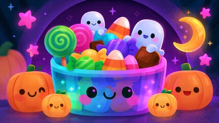 Fototapeta premium Halloween candy bucket with pumpkins and ghosts in a spooky scene 