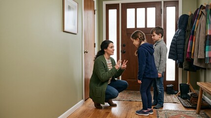 Fototapeta premium Caregiver explains fire escape steps in a winter foyer