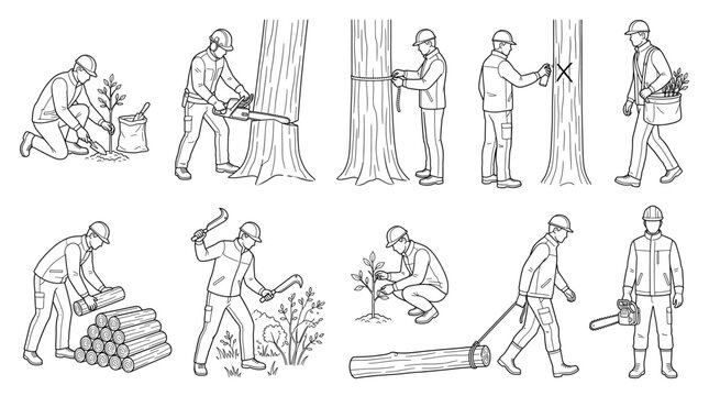 Forester managing woodland line art set forestry activities vector illustration
