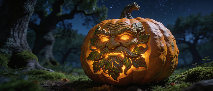 Mystic pumpkin face glowing halloween, carved green man forest creature, creepy autumn jack o lantern, enchanted wood night background, spooky seasonal carved gourd art, magical dark fantasy theme.